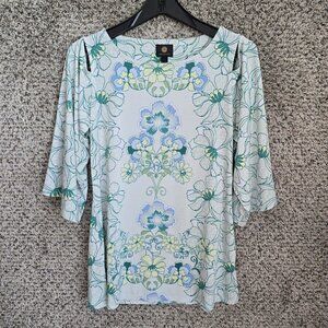 JM Collection Top Womens Small Teal Floral‎ Print Blouse Cold Shoulder Ladies